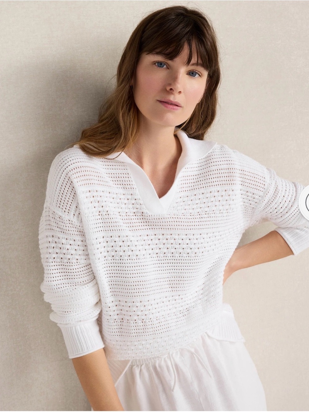 Haven Well Within Johnny Collar Open-Knit V-Neck Sweater - White - NWT